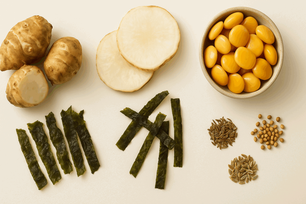 Collage of high fiber keto foods including Jerusalem artichokes, celeriac slices, lupini beans, dried seaweed, and piles of cumin, fennel, and coriander seeds on a cream background.