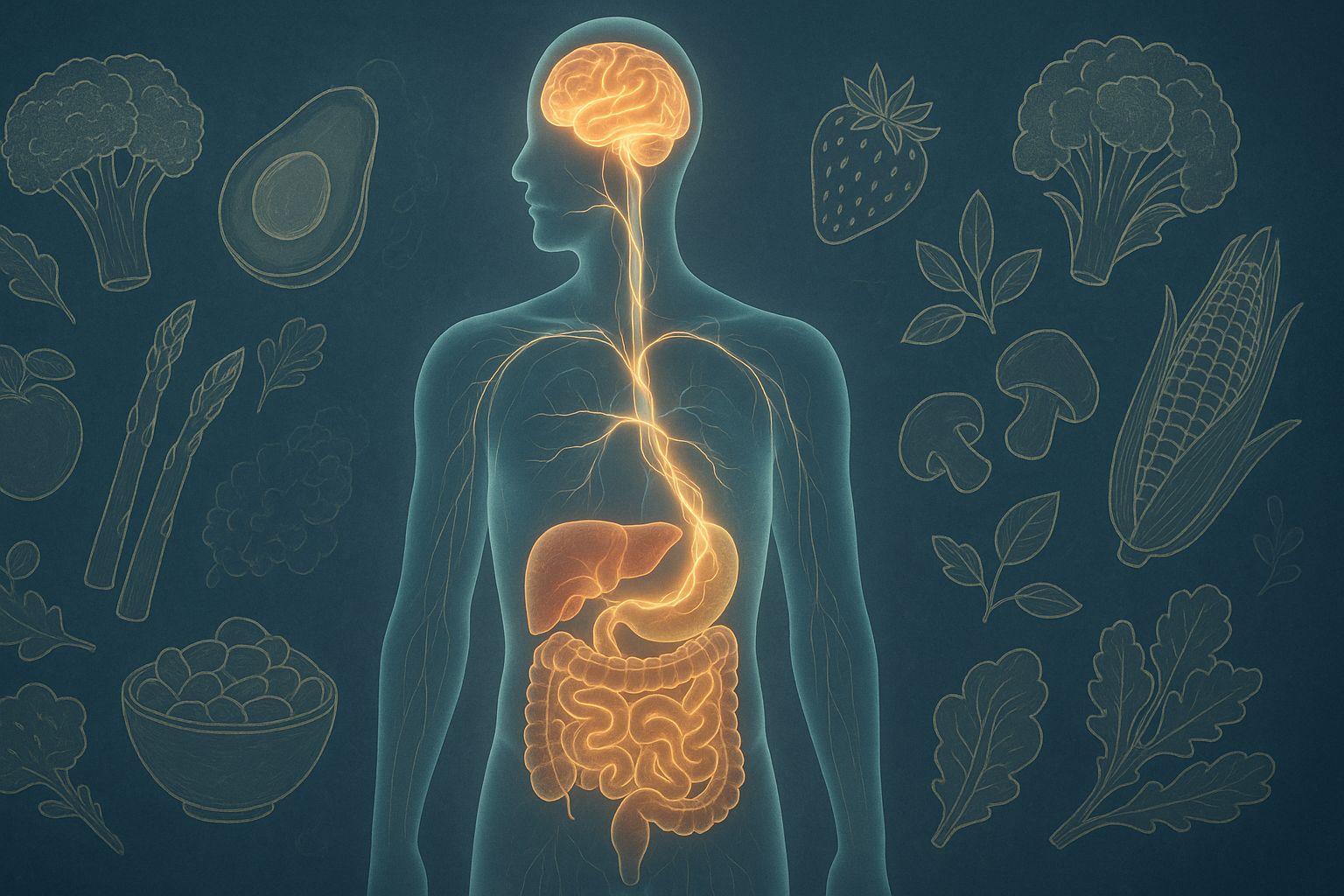 Conceptual illustration of the gut-liver-brain axis linked by glowing neural pathways inside a transparent human silhouette, surrounded by high fiber keto foods like broccoli, avocado, and leafy greens.