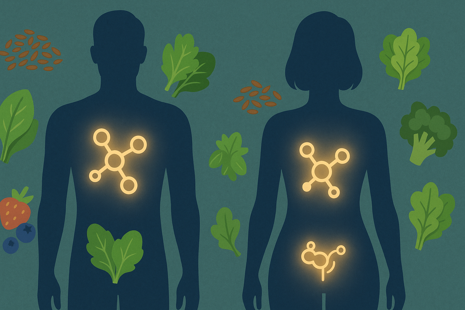 Male and female silhouettes with glowing hormone icons surrounded by high fiber keto foods like flaxseeds, leafy greens, and berries.