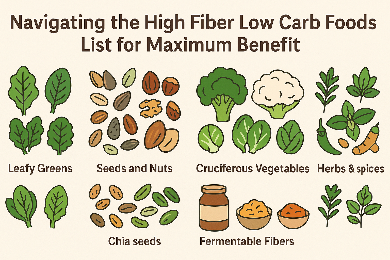 Infographic diagram of high fiber keto foods, showing leafy greens, seeds, nuts, cruciferous vegetables, herbs, and fermentable fibers.