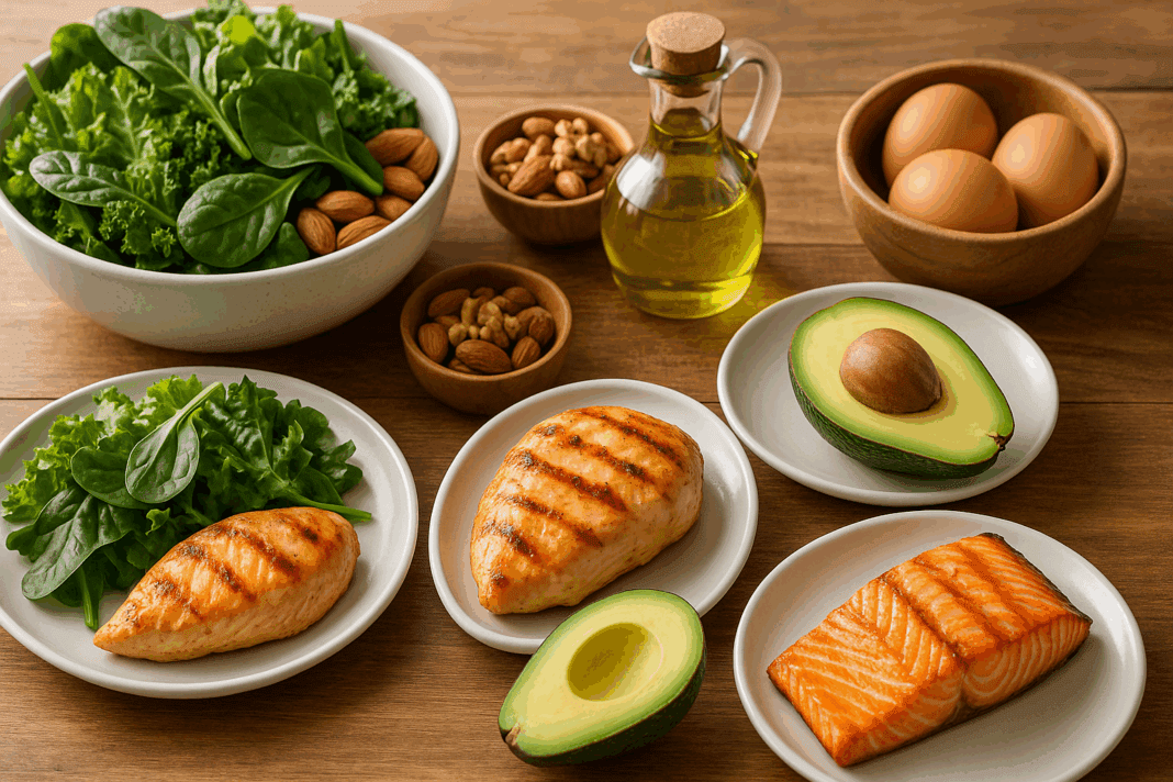ChatGPT Image May 10, 2025, 11_41_10 PM Grilled chicken, salmon, avocado, leafy greens, eggs, nuts, and olive oil arranged on a wooden table as part of a high protein low carb diet meal plan.