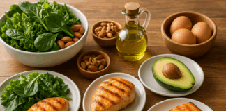 Grilled chicken, salmon, avocado, leafy greens, eggs, nuts, and olive oil arranged on a wooden table as part of a high protein low carb diet meal plan.