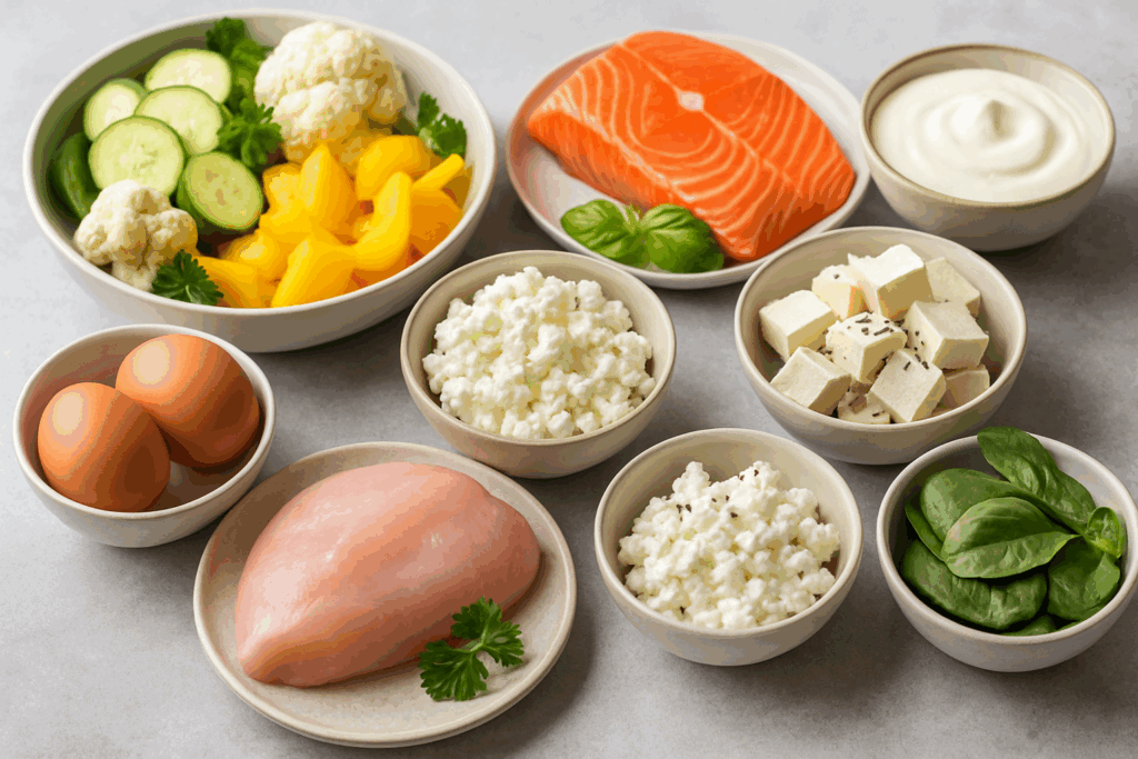 Assorted high protein low carb diet meal plan foods including salmon, chicken breast, eggs, cottage cheese, tofu, and non-starchy vegetables in small bowls.