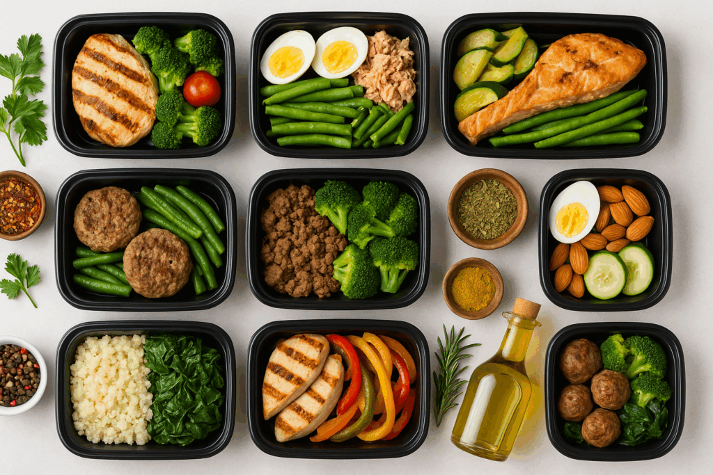 Meal prep containers filled with grilled chicken, salmon, eggs, vegetables, and nuts arranged for a high protein low carb diet meal plan.