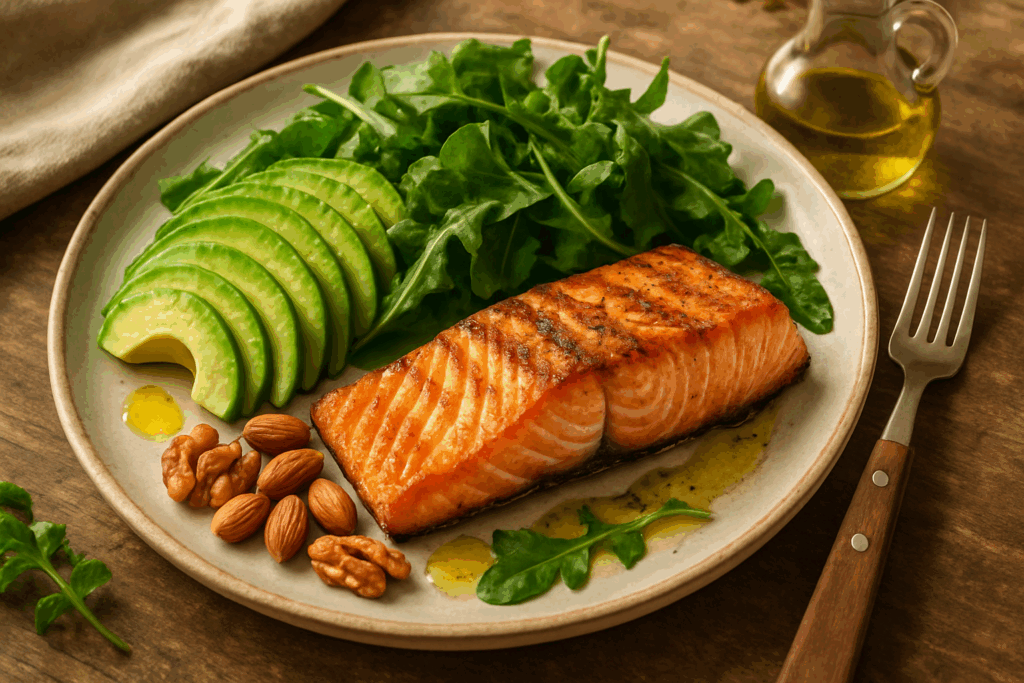 Seared salmon with avocado, leafy greens, olive oil, and mixed nuts on a rustic plate as part of a high protein low carb diet meal plan.