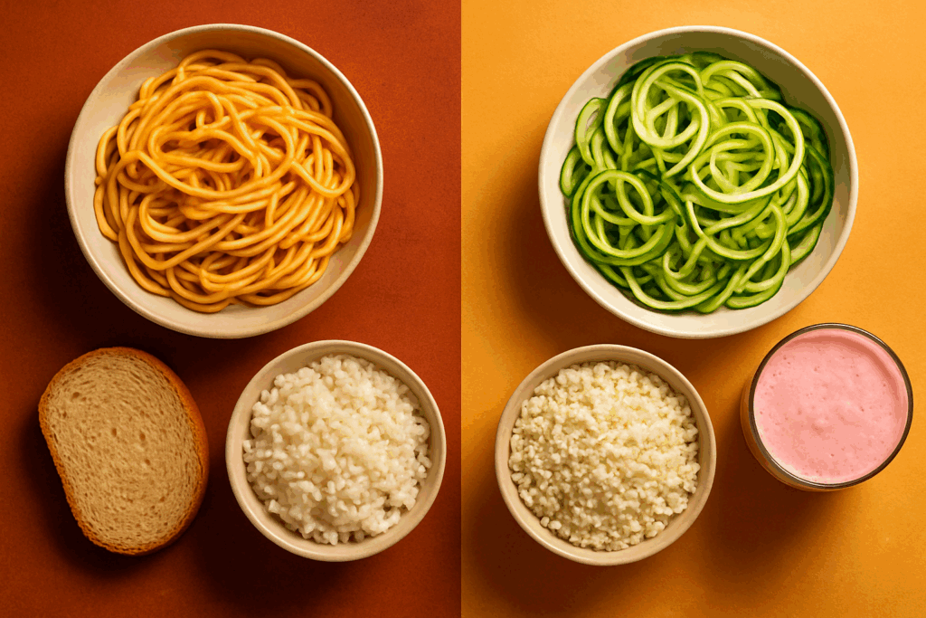 Side-by-side comparison of traditional carbs like pasta, bread, and rice with colorful high protein low carb diet meal plan options including zucchini noodles, cauliflower rice, and a protein smoothie