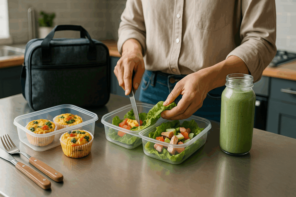 Person preparing a high protein low carb diet meal plan with egg muffins, lettuce wraps, and a green smoothie in a modern kitchen.