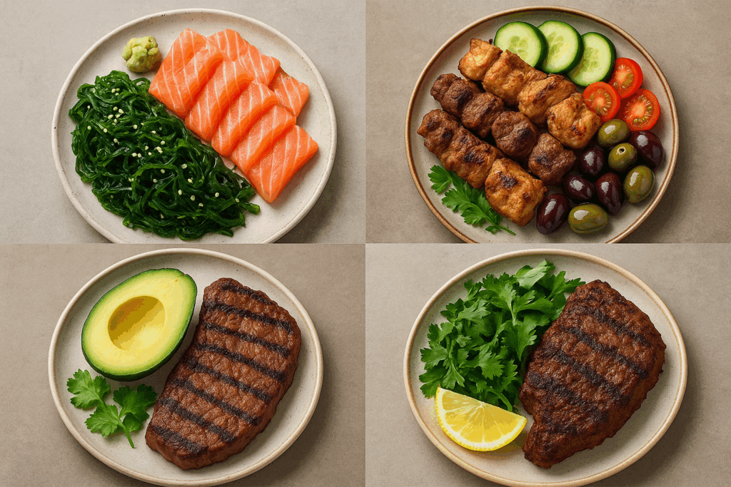 Collage showing a high protein low carb diet meal plan with Japanese sashimi and seaweed, Mediterranean grilled meats and olives, Latin American avocado with steak, and Middle Eastern spiced lamb with greens.