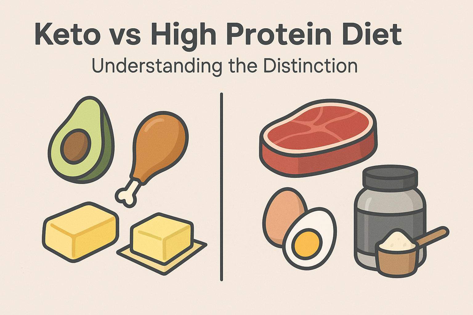 Side-by-side infographic comparing keto foods like avocado and butter with high protein low carb diet meal plan items such as steak, eggs, and whey protein.