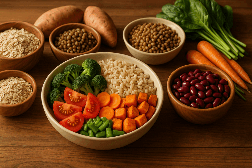 ChatGPT Image May 10, 2025, 12_19_13 AM Balanced high carb low protein meal with brown rice, sweet potatoes, lentils, oats, beans, and colorful vegetables on a wooden table.