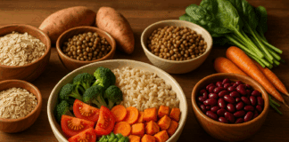 Balanced high carb low protein meal with brown rice, sweet potatoes, lentils, oats, beans, and colorful vegetables on a wooden table.