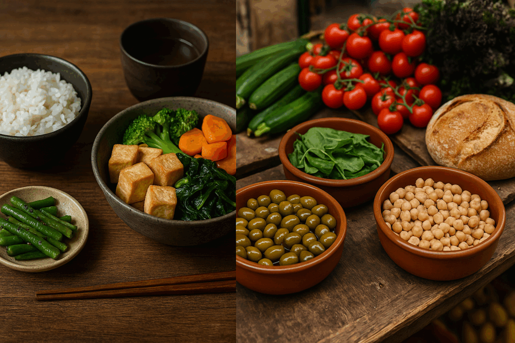 Traditional high carb low protein meals with rice, tofu, and vegetables on one side and olives, legumes, and bread on the other