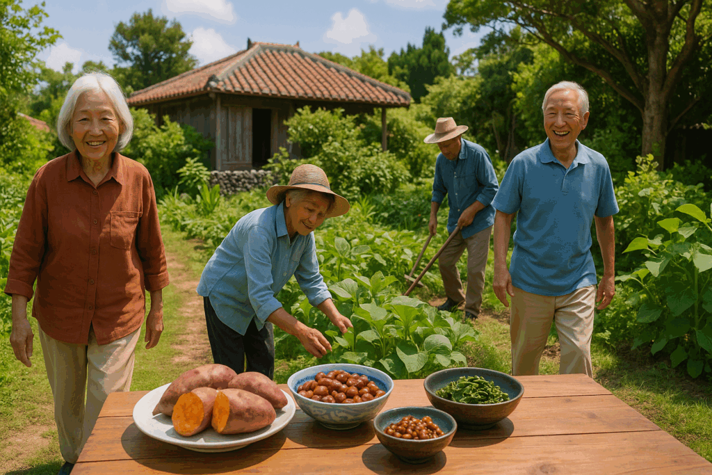 Elderly Okinawan adults gardening and walking outdoors near a table set with sweet potatoes and beans, illustrating a high carb low protein lifestyle.