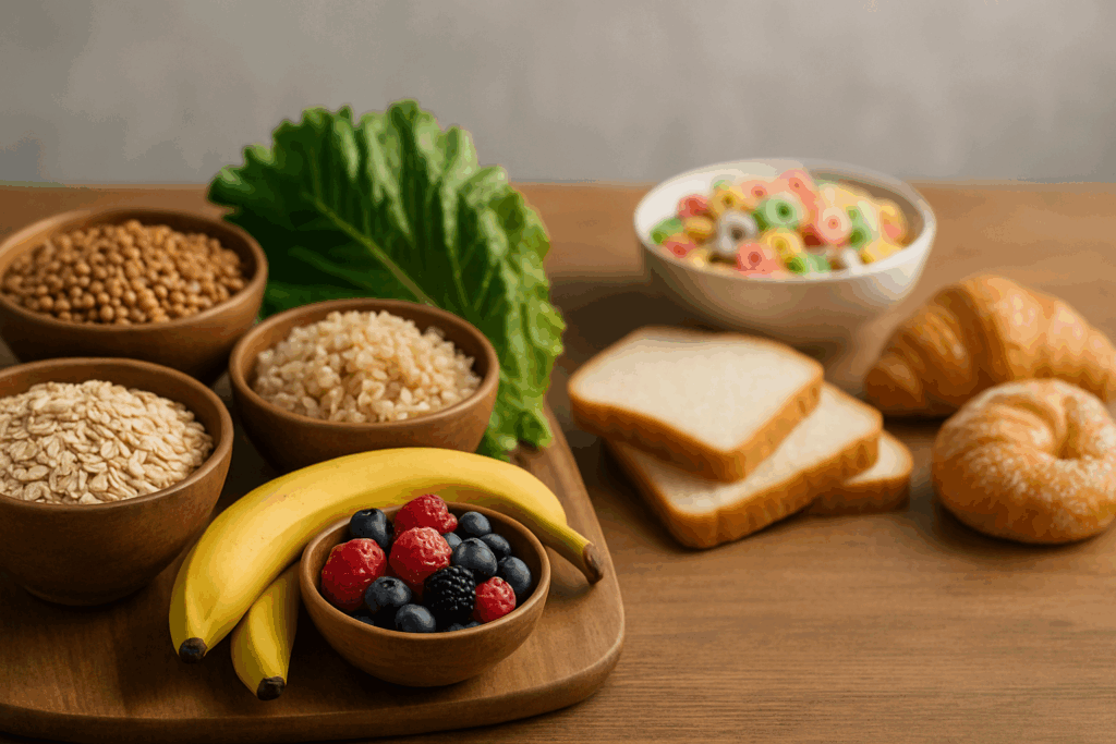 Balanced high carb low protein foods like oats, lentils, bananas, and greens contrasted with sugary cereals and white bread on separate tables.