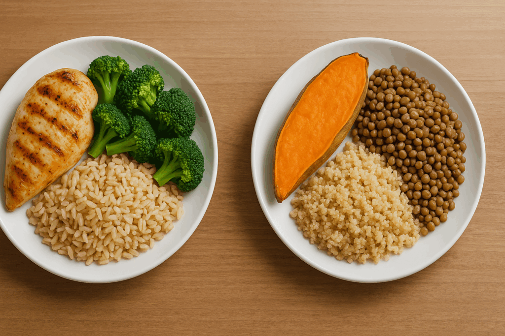 Two balanced meal plates on a wooden table—one with grilled chicken, brown rice, and broccoli, the other featuring sweet potato, quinoa, and lentils as a high carb low protein option.