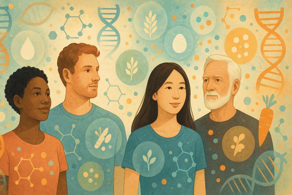 Diverse group of people surrounded by abstract DNA strands, genetic markers, and nutrition icons representing high carb low protein dietary needs