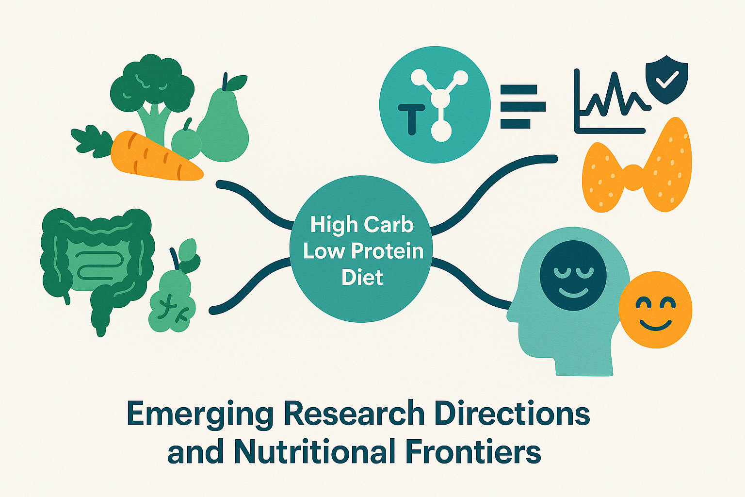 Diagram showing four health areas branching from a high carb low protein diet: gut microbiome with vegetables, amino acid metabolism, serotonin-linked mental health, and hormonal balance symbols.