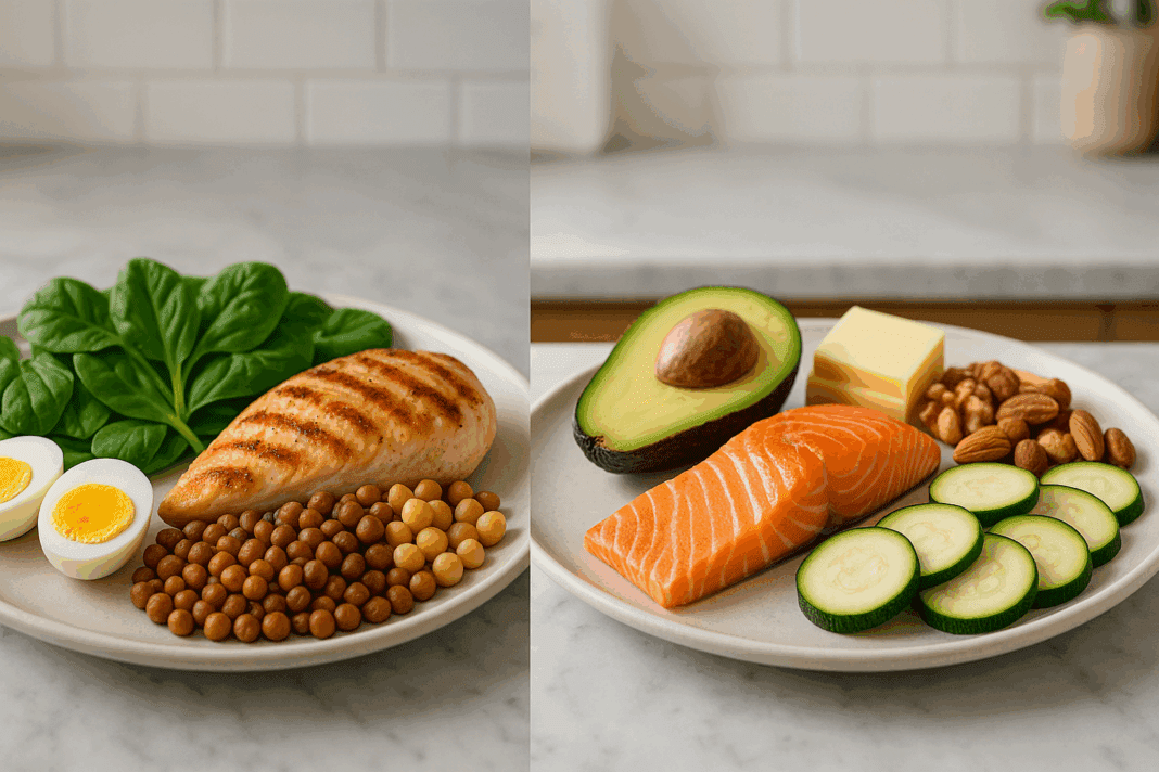 Split-plate comparison of high protein vs keto meals featuring grilled chicken, eggs, and greens on one side, and salmon, avocado, and cheese on the other