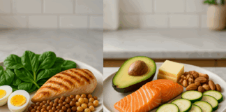 Split-plate comparison of high protein vs keto meals featuring grilled chicken, eggs, and greens on one side, and salmon, avocado, and cheese on the other