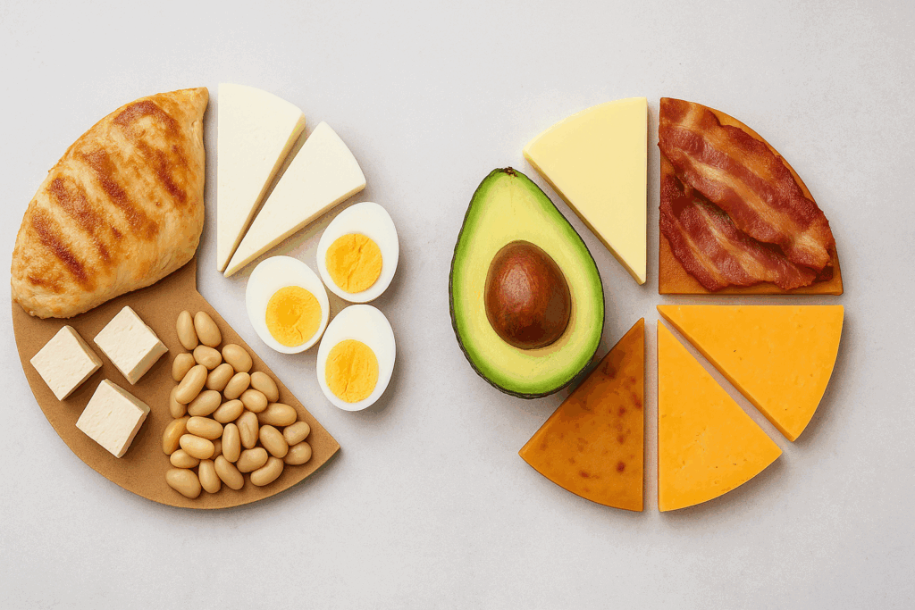 Side-by-side pie charts made of real food showing macronutrient breakdowns for high protein vs keto diets using chicken, tofu, eggs, beans, avocado, bacon, butter, and cheese