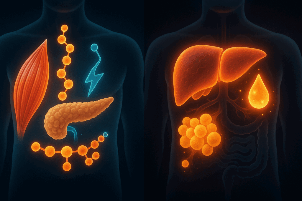 Stylized anatomical comparison of high protein vs keto metabolism showing muscle and pancreas activity versus liver ketone production and fat oxidation