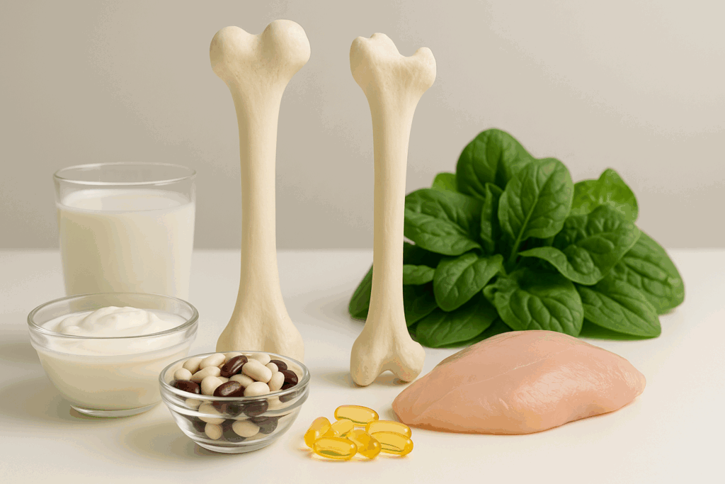 Strong bones surrounded by protein-rich foods like chicken, beans, dairy, and leafy greens, illustrating high protein vs keto nutrition support.