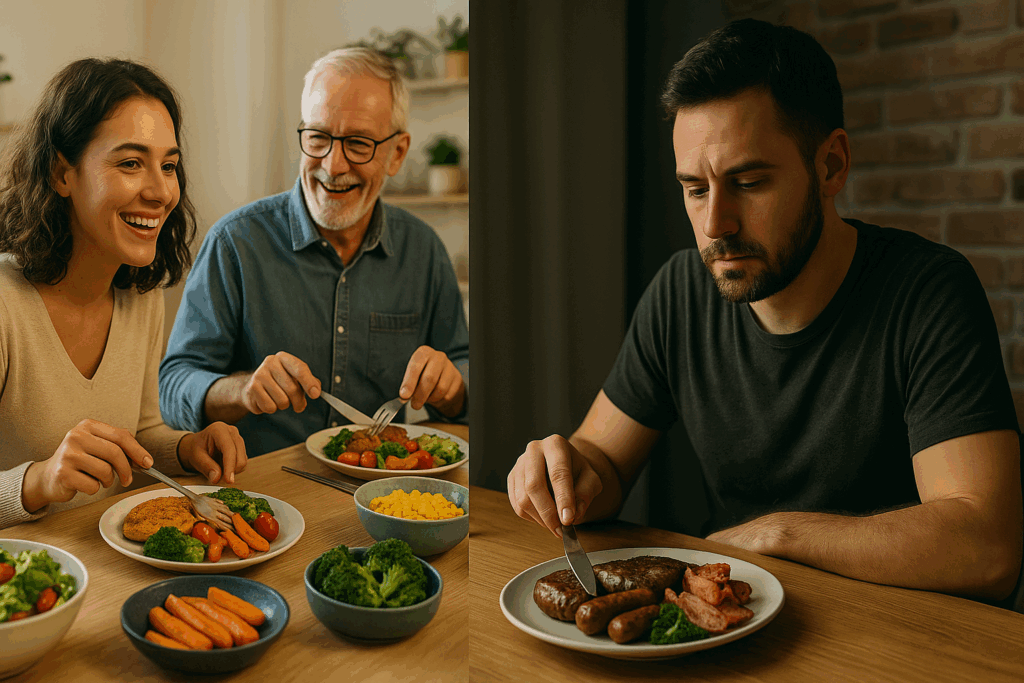 Smiling woman sharing a colorful, high-protein meal with family at dinner, contrasted with a solitary man eating a strict keto plate of meats—highlighting high protein vs keto lifestyle differences.