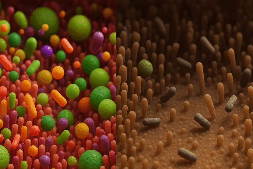 3D-rendered gut microbiome comparison showing diverse bacteria from high-fiber high protein foods versus sparse bacteria in low-fiber keto diet, illustrating high protein vs keto effects