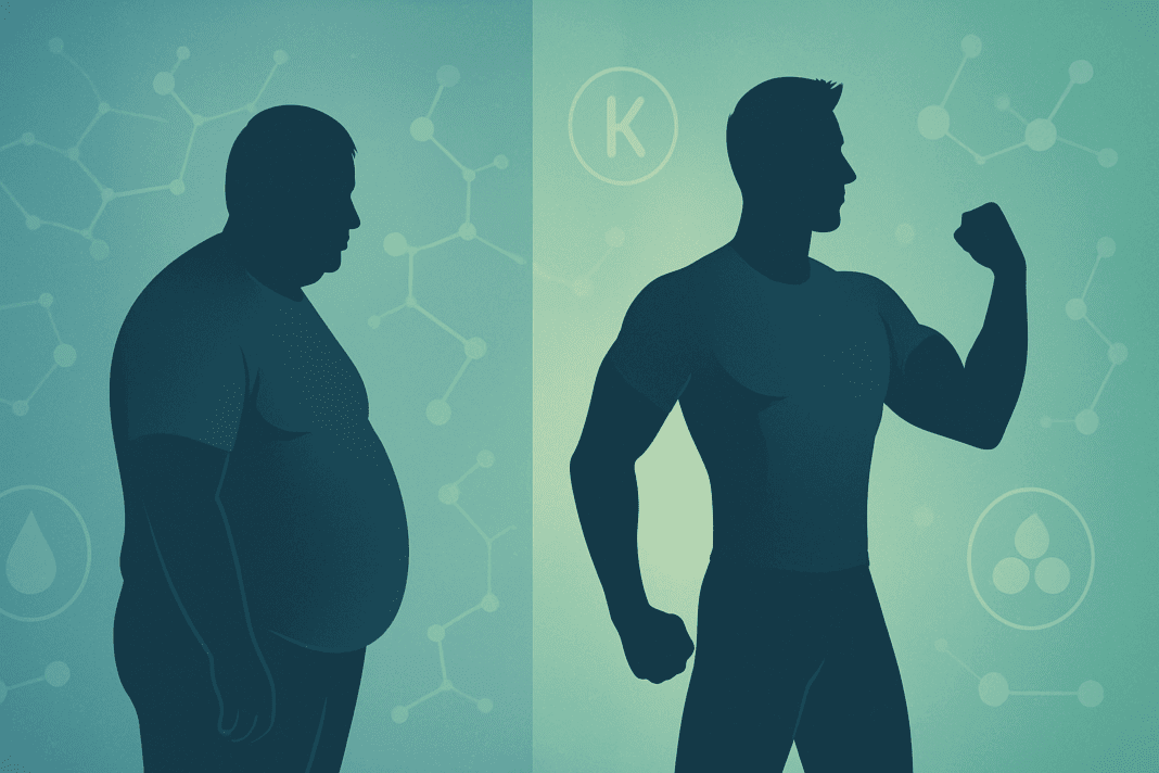 Symbolic keto before and after transformation showing an overweight silhouette evolving into a fit, confident figure with molecular nutrition symbols in the background.
