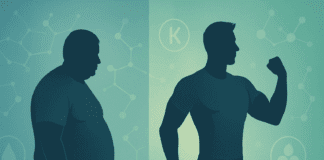 Symbolic keto before and after transformation showing an overweight silhouette evolving into a fit, confident figure with molecular nutrition symbols in the background.