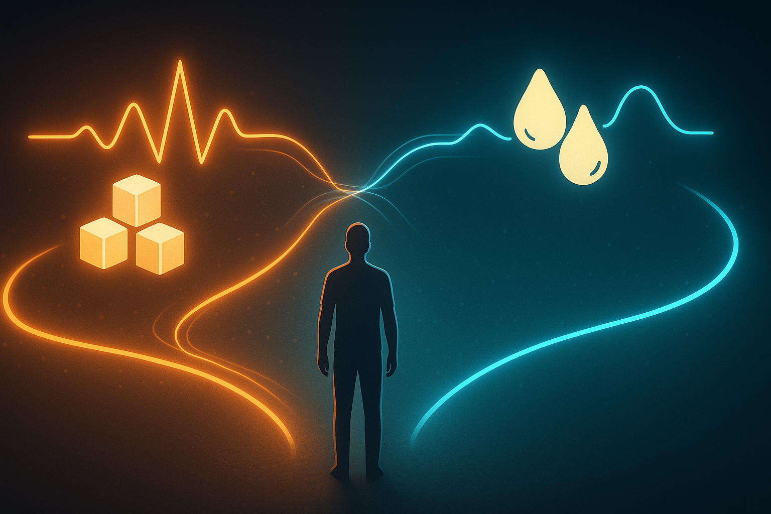 Conceptual illustration of a person at a metabolic crossroads, visually representing keto before and after with glowing energy paths for glucose and ketone metabolism.