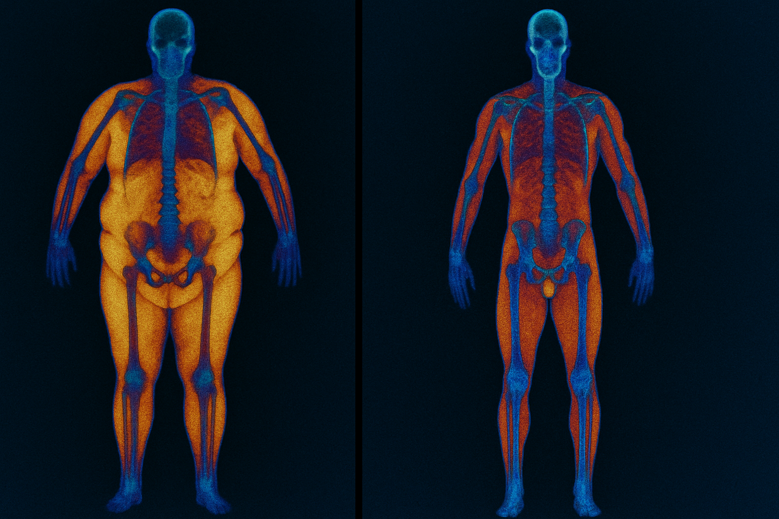 Split-screen body scan showing keto before and after changes, with higher fat on the left and defined muscle on the right.