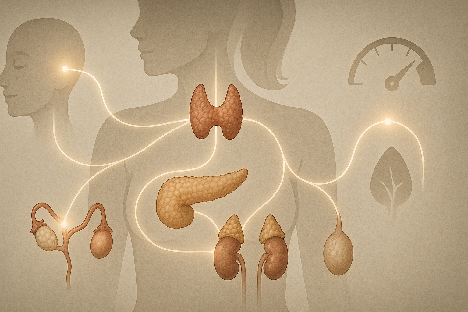 Endocrine system illustration showing hormone pathways between thyroid, pancreas, adrenal glands, and reproductive organs, symbolizing internal changes in keto before and after.