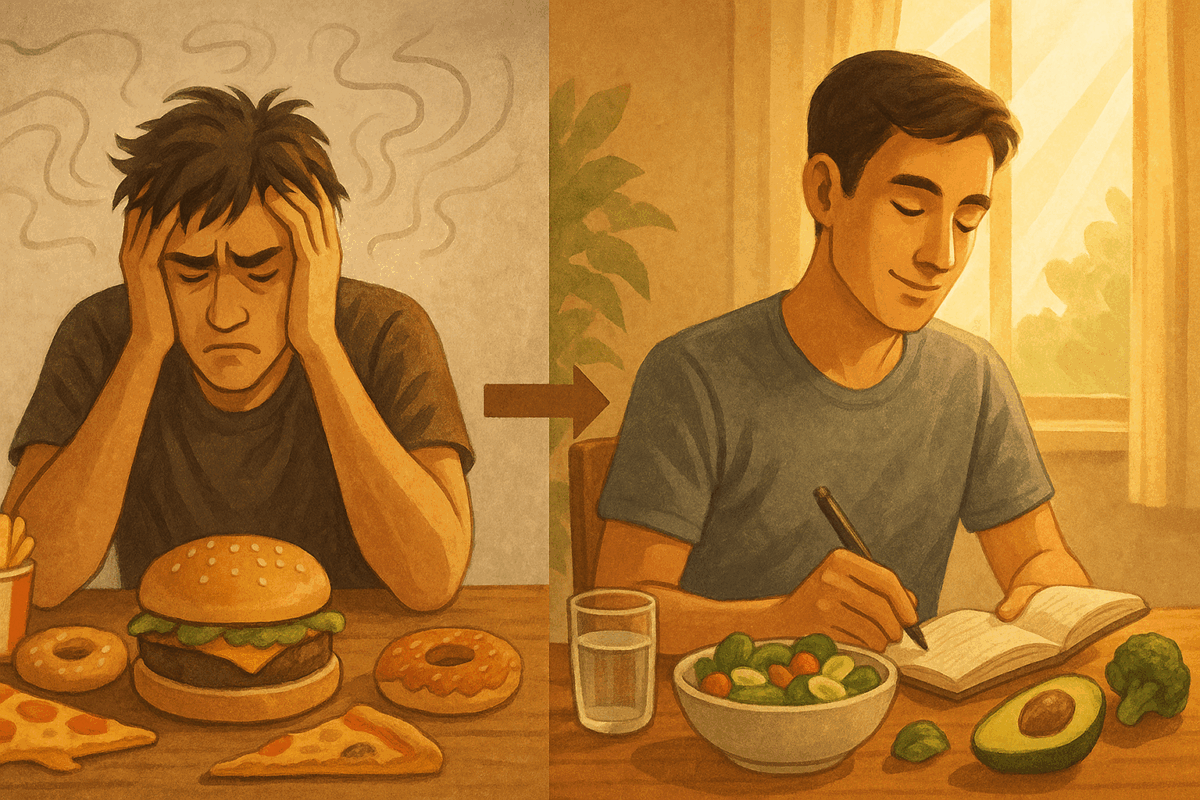 Split view of a stressed man surrounded by junk food on the left and a calm man journaling beside healthy keto meals in sunlight on the right, illustrating keto before and after.