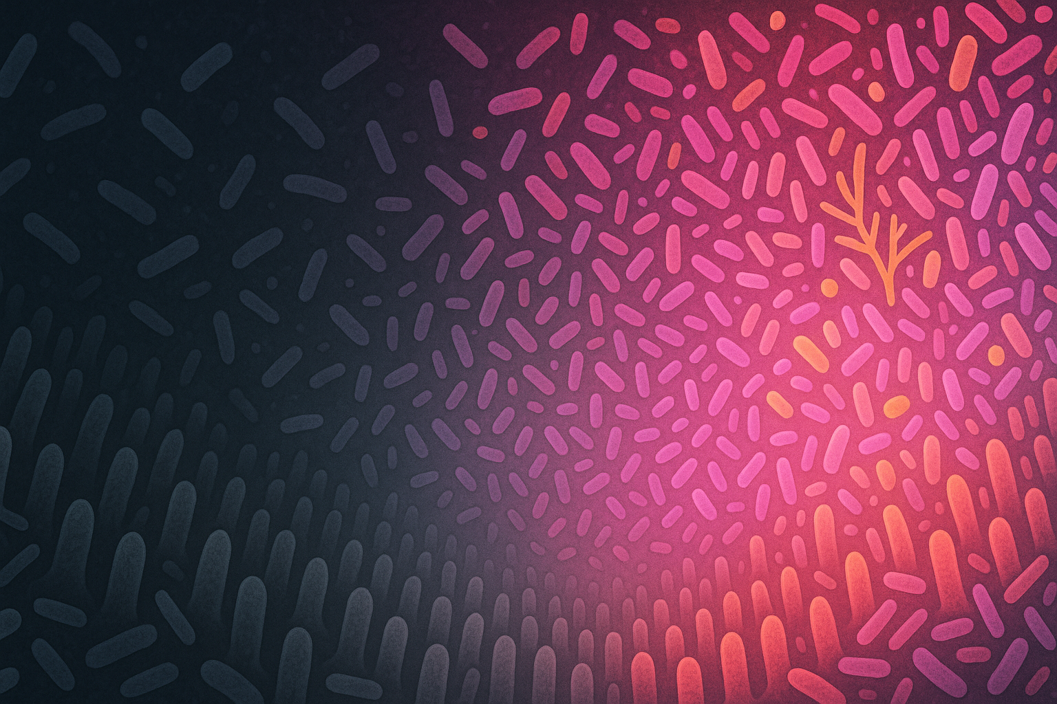 Stylized microscopic gut microbiome landscape showing keto before and after effects with transition from dark, sparse bacteria to vibrant, healthy microbial diversity.
