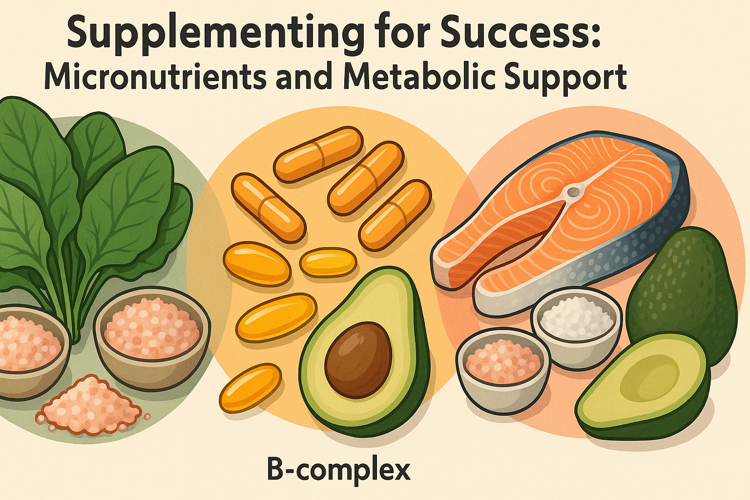 Infographic showing keto before and after benefits with magnesium-rich leafy greens, pink salt, avocados, fatty fish, and supplement capsules grouped by metabolic support