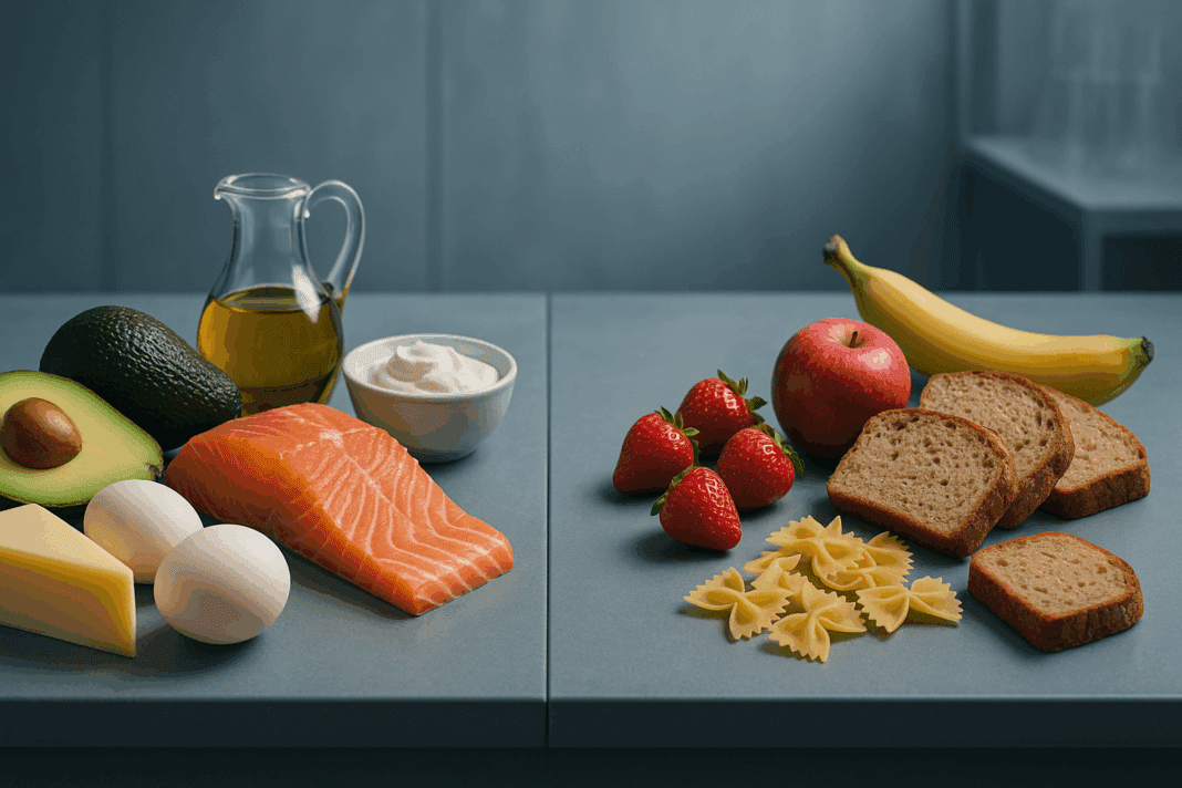 Divided table showing high-fat keto foods like salmon, avocado, eggs, and cheese on one side, and high-carb foods like bread, pasta, and fruit on the other, illustrating dietary choices related to the question: is keto dangerous.