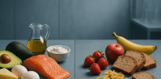 Divided table showing high-fat keto foods like salmon, avocado, eggs, and cheese on one side, and high-carb foods like bread, pasta, and fruit on the other, illustrating dietary choices related to the question: is keto dangerous.