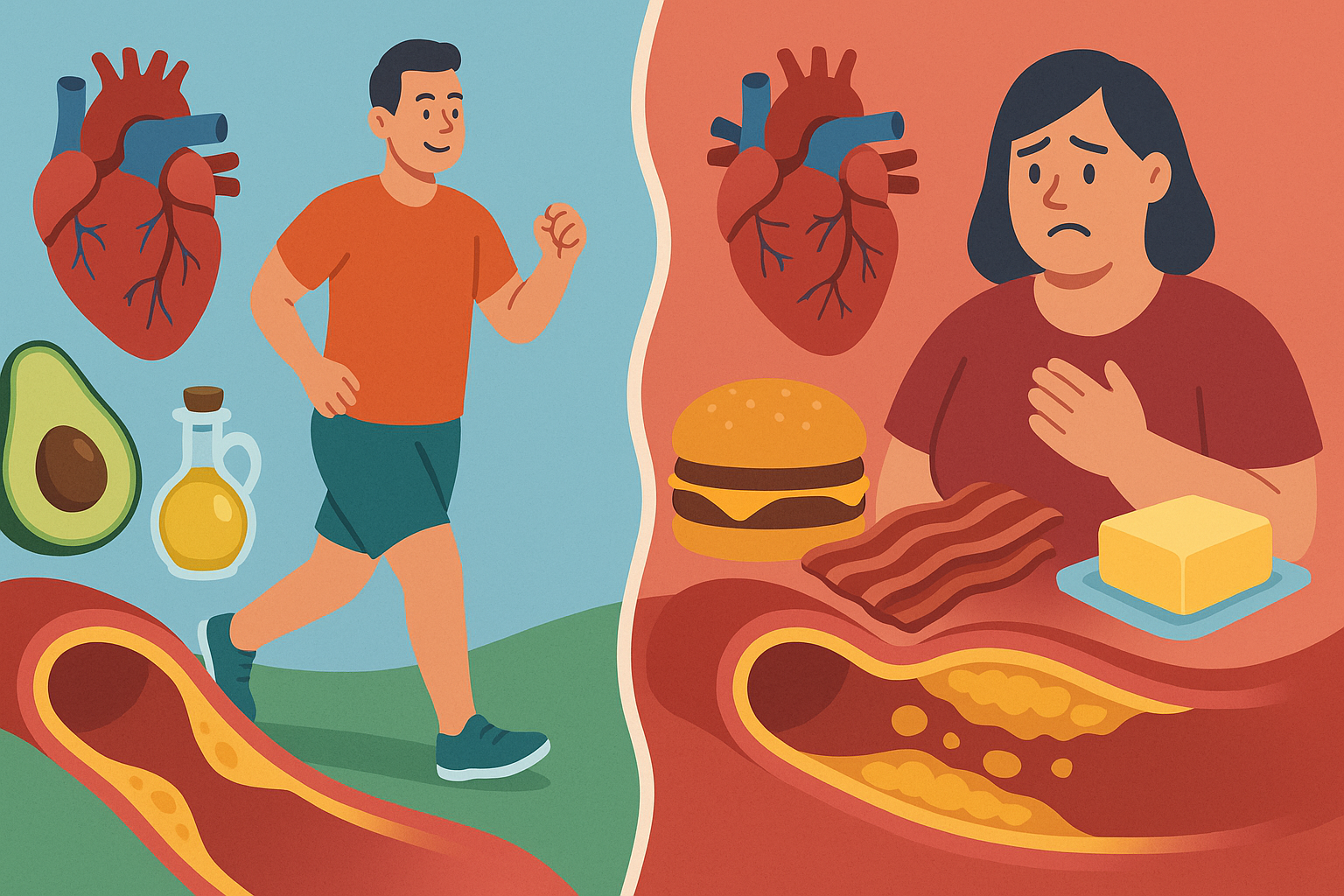 Split-screen illustration showing heart health outcomes—left side features clean arteries, avocado, olive oil, and a jogger; right side shows clogged arteries, bacon, butter, and a worried woman—highlighting dietary contrasts that explore is keto dangerous concerns.