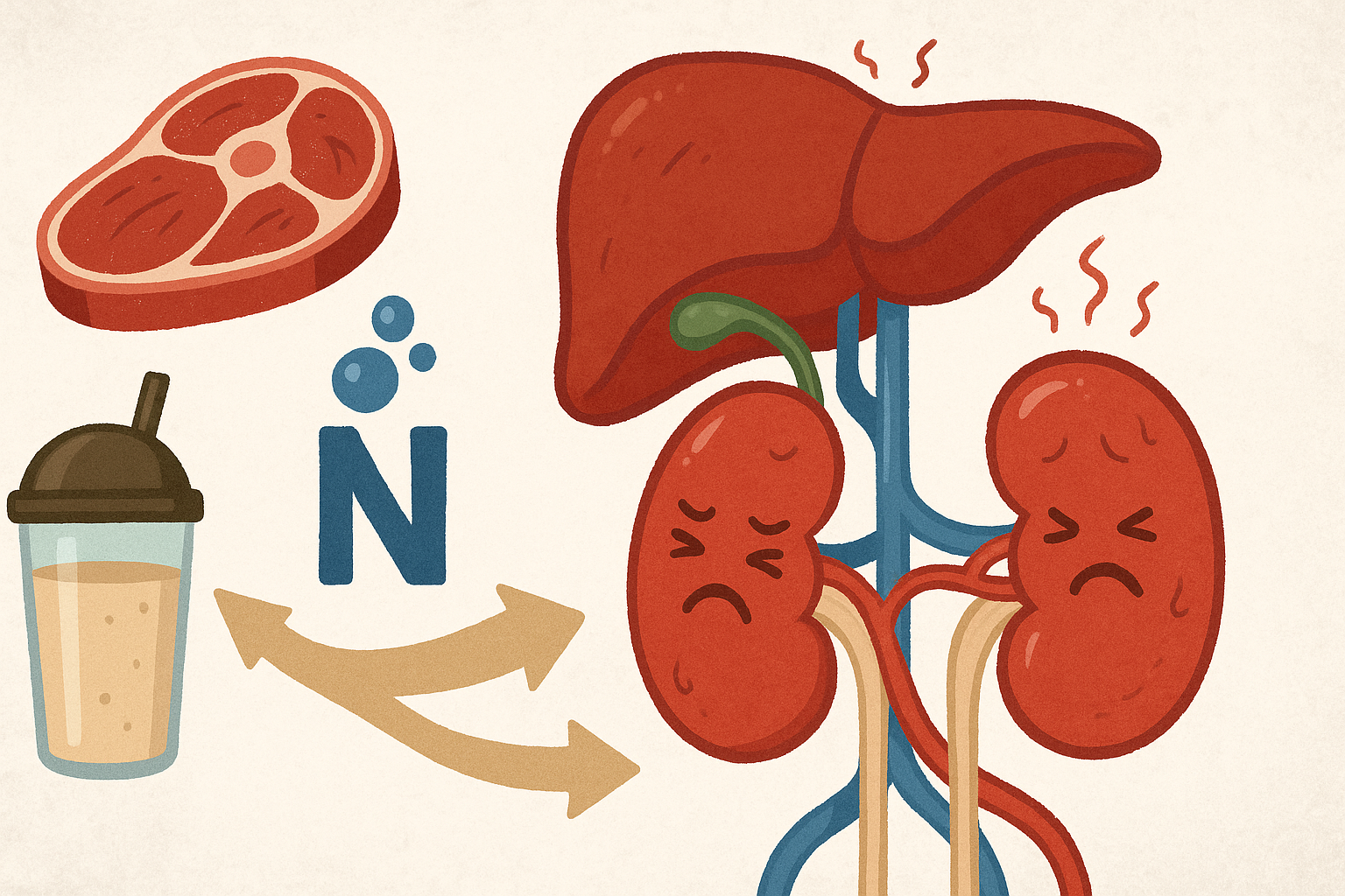Stressed kidneys and liver filtering nitrogen from high-protein foods like meat and shakes, visualizing concerns about is keto dangerous.