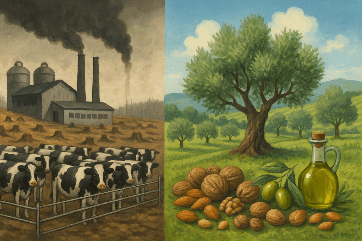Split-screen landscape showing industrial animal farming with pollution and cows versus sustainable agriculture with olive trees and plant-based keto foods, questioning is keto dangerous for the environment.