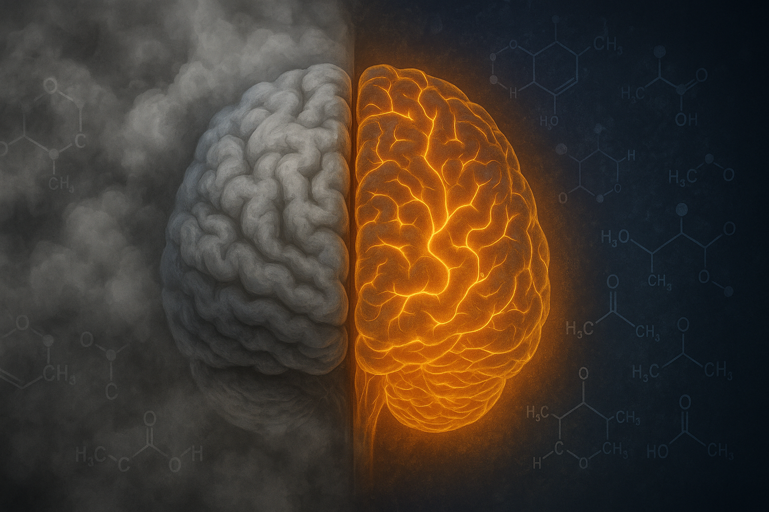 Split brain illustration showing foggy confusion on one side and neural clarity on the other, symbolizing cognitive effects amid the debate over is keto dangerous.