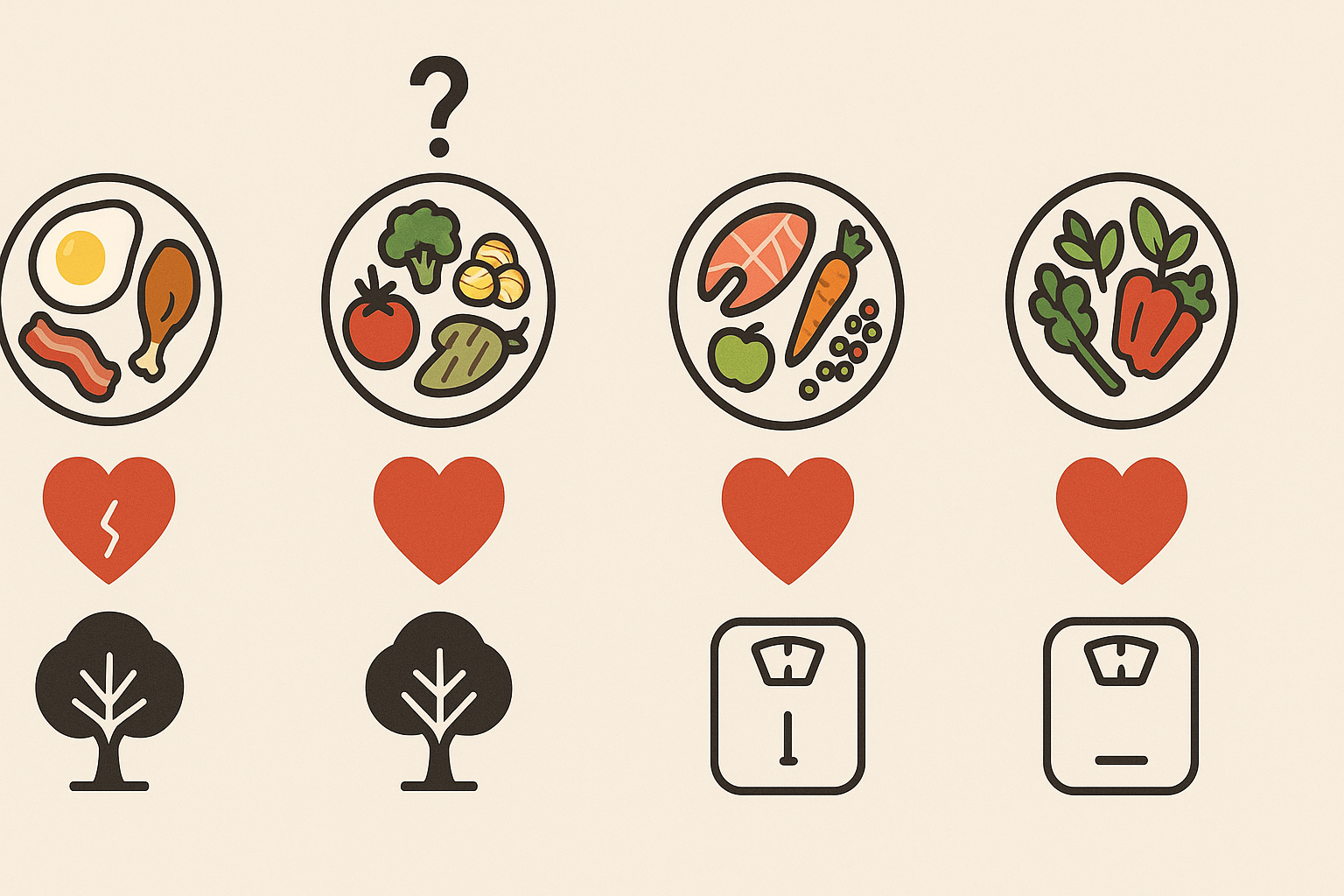 Infographic comparing keto, Mediterranean, DASH, and plant-based diets using icons for heart health, longevity, food variety, and weight—exploring if is keto dangerous compared to other diets