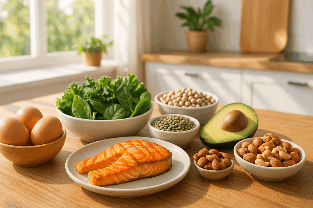 ChatGPT Image May 11, 2025, 12_22_44 AM Grilled salmon, eggs, leafy greens, legumes, avocado, and nuts on a wooden kitchen table in natural light, showcasing a high protein low sugar meal.