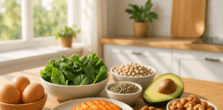 Grilled salmon, eggs, leafy greens, legumes, avocado, and nuts on a wooden kitchen table in natural light, showcasing a high protein low sugar meal.