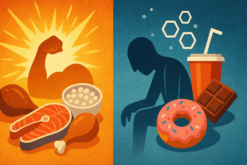 Split-screen illustration showing high protein low sugar foods boosting energy on one side and sugary foods causing fatigue on the other.