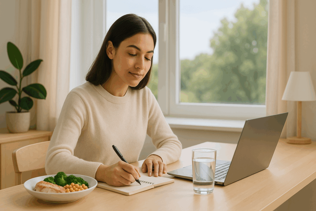 Focused young woman writing at a sunlit desk with a laptop, glass of water, and a high protein low sugar meal featuring chicken, broccoli, and chickpeas.