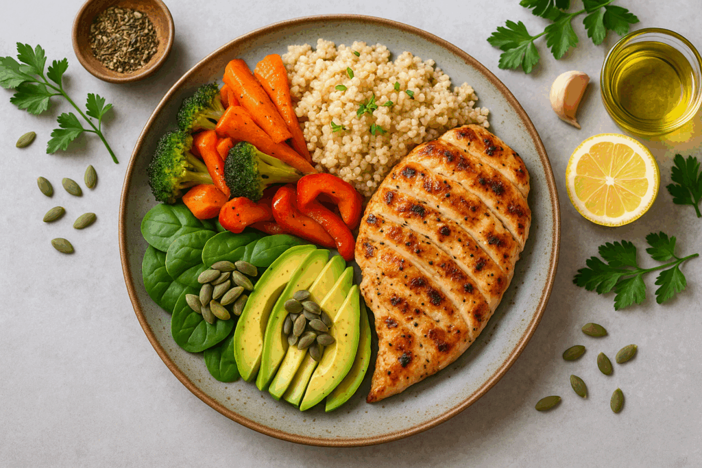 Grilled chicken breast with quinoa, roasted vegetables, avocado, and seeds on a rustic plate, showcasing a high protein low sugar balanced meal.