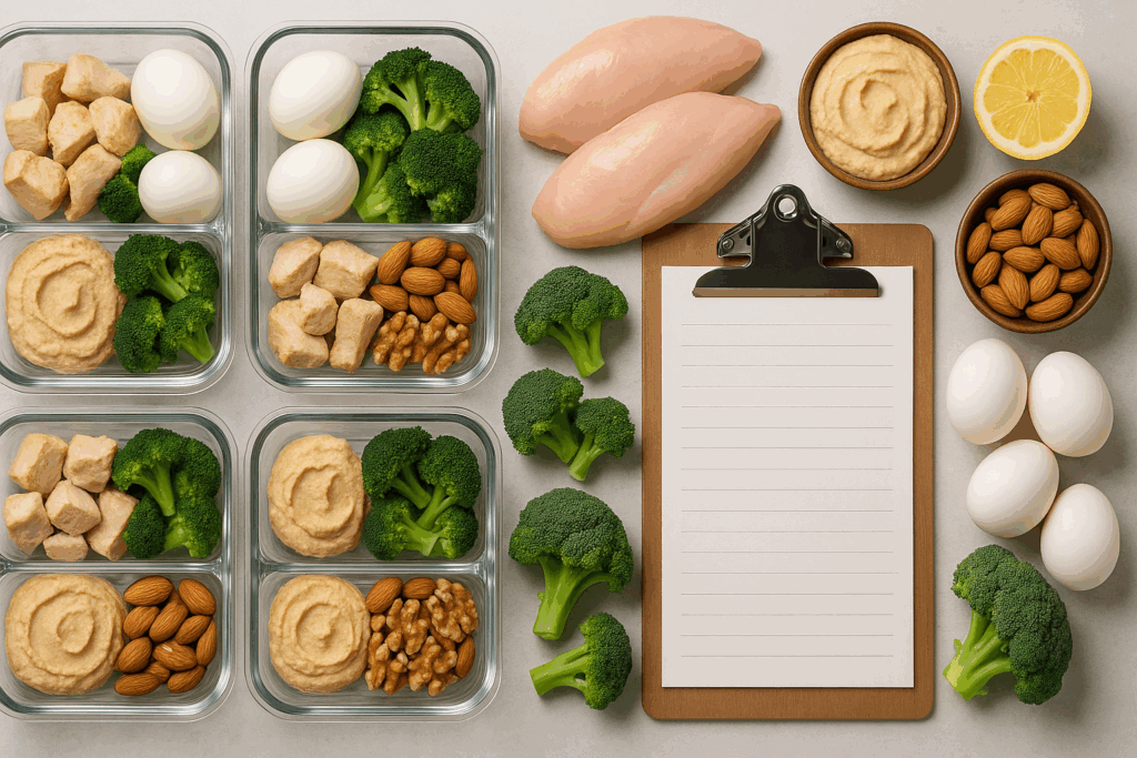 Weekly meal prep containers with chicken, broccoli, eggs, hummus, and nuts arranged beside fresh ingredients and a clipboard, illustrating a high protein low sugar diet plan.