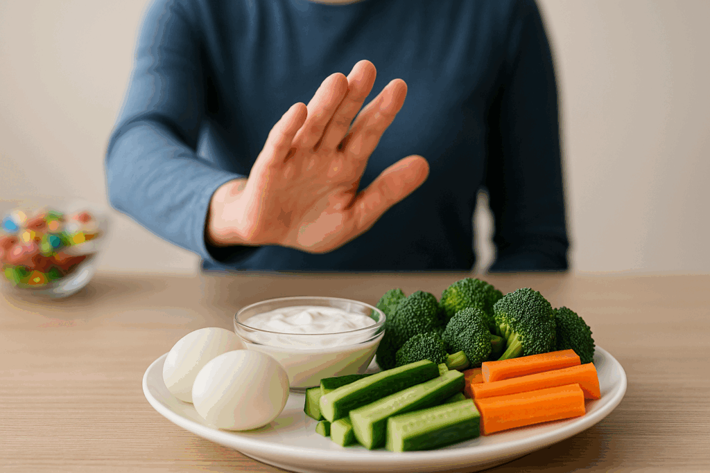 Person choosing a high protein low sugar meal with boiled eggs, yogurt, and vegetables, avoiding a blurred bowl of candy in the background.